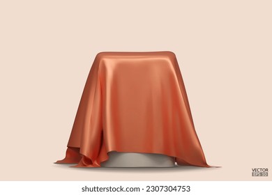 Podium mit einem Stück orangefarbener Seide einzeln auf beigem Hintergrund. Realistische Schachtel mit orangefarbenem Stoff. Podium für das Produkt, kosmetische Aufmachung. Kreatives Muster. 3D-Vektorgrafik.