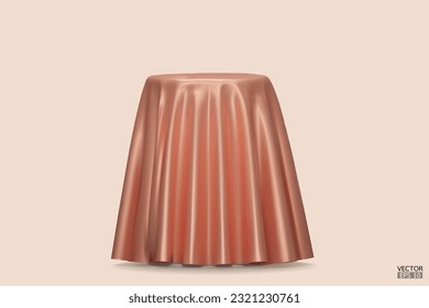 Podium covered with a piece of orange silk isolated on beige background. Realistic box covered with orange cloth. Podium for product, cosmetic presentation. Creative mock up. 3d vector illustration.