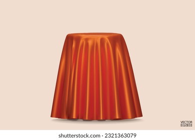 Podium covered with a piece of orange silk isolated on beige background. Realistic box covered with orange cloth. Podium for product, cosmetic presentation. Creative mock up. 3d vector illustration.