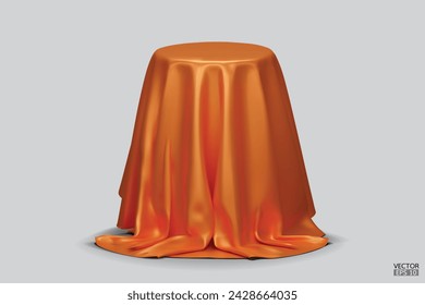 Podium covered with a piece of orange silk isolated on background. Realistic box covered with orange cloth. Podium for product, cosmetic presentation. Creative mock up. 3d vector illustration.