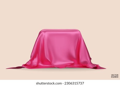 Podium covered with a piece of pink silk isolated on beige background. Realistic box covered with pink cloth. Podium for product, cosmetic presentation. Creative mock up. 3d vector illustration.