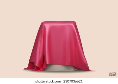 Podium covered with a piece of pink silk isolated on beige background. Realistic box covered with red cloth. Podium for product, cosmetic presentation. Creative mock up. 3d vector illustration.