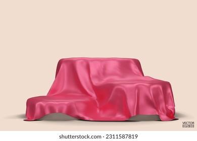 Podium covered with a piece of pink silk isolated on beige background. Realistic box covered with red cloth. Podium for product, cosmetic presentation. Creative mock up. 3d vector illustration.