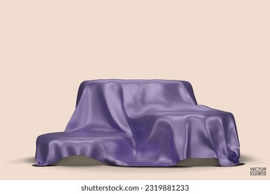 Podium covered with a piece of purple silk isolated on background. Realistic box covered with purple cloth. Podium for product, cosmetic presentation. Creative mock up. 3d vector illustration.