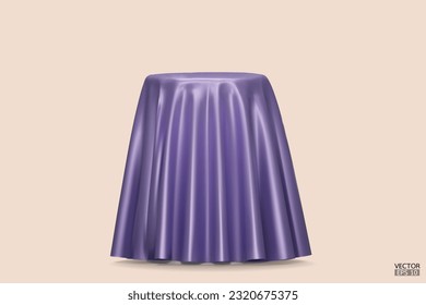 Podium covered with a piece of purple silk isolated on beige background. Realistic box covered with purple cloth. Podium for product, cosmetic presentation. Creative mock up. 3d vector illustration.