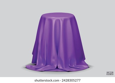 Podium covered with a piece of purple silk isolated on background. Realistic box covered with purple cloth. Podium for product, cosmetic presentation. Creative mock up. 3d vector illustration.