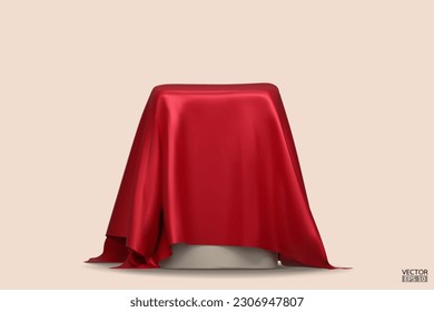 Podium covered with a piece of red silk isolated on beige background. Realistic box covered with red cloth. Podium for product, cosmetic presentation. Creative mock up. 3d vector illustration.