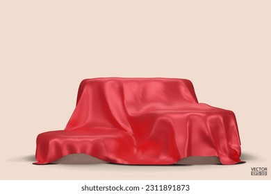 Podio cubierto con un trozo de seda roja aislado sobre fondo beige. Caja realista cubierta de tela roja. Podio para producto, presentación cosmética. Burla creativa. Ilustración vectorial 3d.