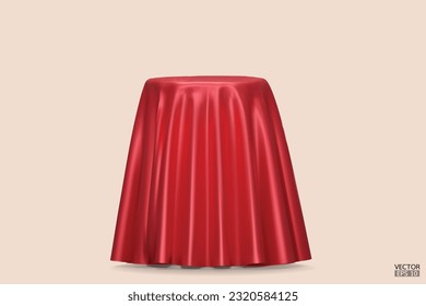 Podium covered with a piece of red silk isolated on beige background. Realistic box covered with red cloth. Podium for product, cosmetic presentation. Creative mock up. 3d vector illustration.