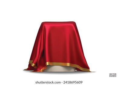 The podium is covered with a piece of red silk with gold stripes. Realistic box covered with red cloth. Podium for product, cosmetic presentation. Creative mock up. 3d vector illustration.