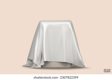 Podium covered with a piece of white silk isolated on beige background. Realistic box covered with white cloth. Podium for product, cosmetic presentation. Creative mock up. 3d vector illustration.