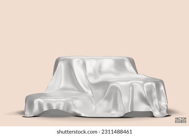 Podium covered with a piece of white silk isolated on beige background. Realistic box covered with white cloth. Podium for product, cosmetic presentation. Creative mock up. 3d vector illustration.