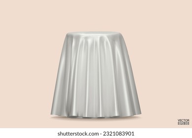 Podium covered with a piece of white silk isolated on beige background. Realistic box covered with white cloth. Podium for product, cosmetic presentation. Creative mock up. 3d vector illustration.