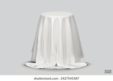 Podium covered with a piece of white silk isolated on beige background. Realistic box covered with white cloth. Podium for product, cosmetic presentation. Creative mock up. 3d vector illustration.