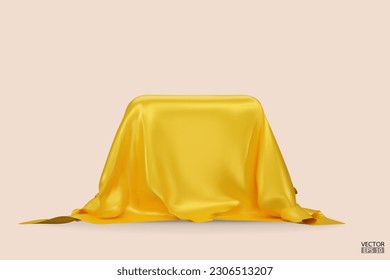 Podium covered with a piece of yellow silk isolated on beige background. Realistic box covered with yellow cloth. Podium for product, cosmetic presentation. Creative mock up. 3d vector illustration.