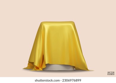 Podium covered with a piece of yellow silk isolated on beige background. Realistic box covered with yellow cloth. Podium for product, cosmetic presentation. Creative mock up. 3d vector illustration.