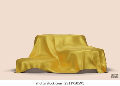 Podium covered with a piece of yellow silk isolated on beige background. Realistic box covered with yellow cloth. Podium for product, cosmetic presentation. Creative mock up. 3d vector illustration.