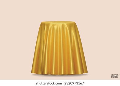 Podium covered with a piece of yellow silk isolated on beige background. Realistic box covered with yellow cloth. Podium for product, cosmetic presentation. Creative mock up. 3d vector illustration.