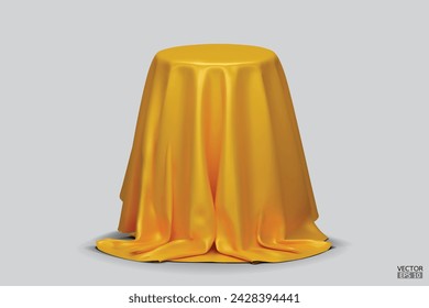 Podium covered with a piece of yellow silk isolated on background. Realistic box covered with yellow cloth. Podium for product, cosmetic presentation. Creative mock up. 3d vector illustration.