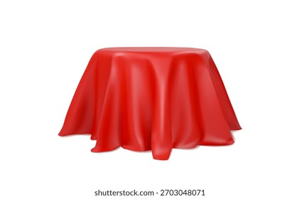Podio cubierto con Ilustración vectorial de tela roja. Pedestal con tela de seda. Mantel romántico realista