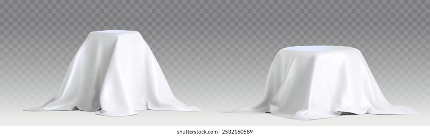 Podium covered with white silk cloth set isolated on transparent background. Vector realistic illustration of surprise box, secret gift package hidden under satin fabric, product presentation pedestal