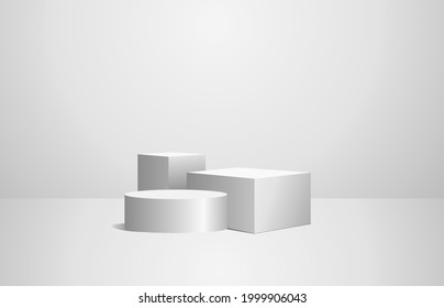 Podium cube and cylindrical geometry shape stand scene and winner pedestal in studio on gray or white background.vector illustration.