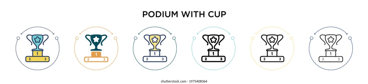 Podium with cup icon in filled, thin line, outline and stroke style. Vector illustration of two colored and black podium with cup vector icons designs can be used for mobile, ui, web