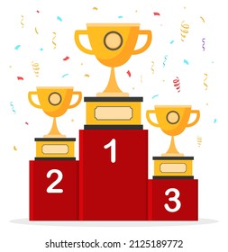 Podium with cups. Awarding of winners, prizes and awards. First, second and third place. Sports competition, poster or banner for website, confetti, triumph. Cartoon flat vector illustration