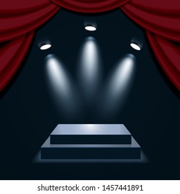 Podium with curtain, illuminated by spotlights. Empty pedestal for award ceremony. Graphic concept for your design