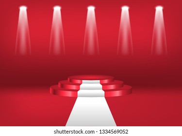 Podium with curtain on bright backgroun. emplty pedestal for awarnd , white carpet and light studio. ceremony champion platform illustration template