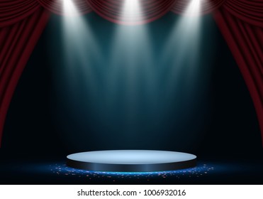 Podium with curtain on bright background. Empty pedestal for award ceremony. Platform illuminated by spotlights. Vector illustration.