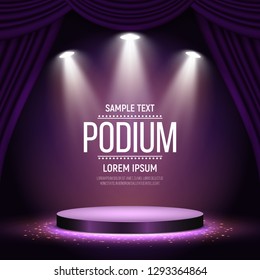 Podium with curtain on bright background. Empty pedestal for award ceremony. Platform illuminated by spotlights. Vector illustration.