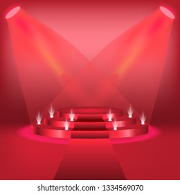 Podium with curtain on bright background. emplty pedestal for awarnd , red carpet and light studio. ceremony champion platform illustration template