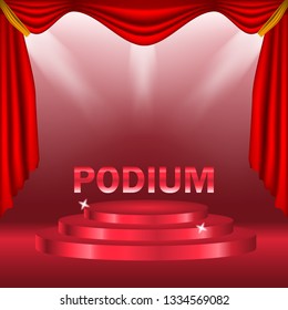 Podium with curtain on bright background. emplty pedestal for awarnd , red carpet and light studio. ceremony champion platform illustration template