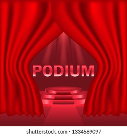 Podium with curtain on bright background. emplty pedestal for awarnd , red carpet and light studio. ceremony champion platform illustration template