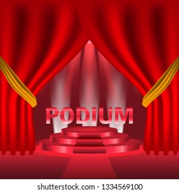 Podium with curtain on bright background. emplty pedestal for awarnd , red carpet and light studio. ceremony champion platform illustration template