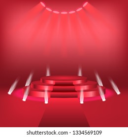 Podium with curtain on bright background. emplty pedestal for awarnd , red carpet and light studio. ceremony champion platform illustration template