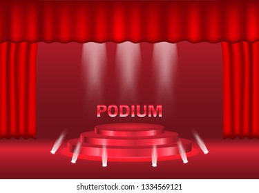 Podium with curtain on bright background. emplty pedestal for awarnd , red carpet and light studio. ceremony champion platform illustration template