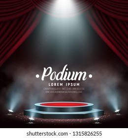 Podium with curtain and smoke. Empty pedestal for award ceremony. Platform illuminated by spotlights. Vector illustration.