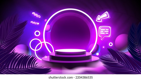Podium cyber star, event show stage, game podium light. Vector illustration