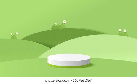 Podium cylinder for product display presentation Vector illustration of summertime landscape on green nature mountains hills landscape. Paper cut and craft style illustration
