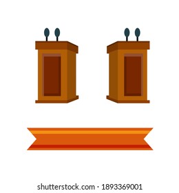 Podium for debate. Political tribune and rostrum. Election symbol with microphone. Dialogue and discussion. Flat cartoon illustration. Blank ribbon for text