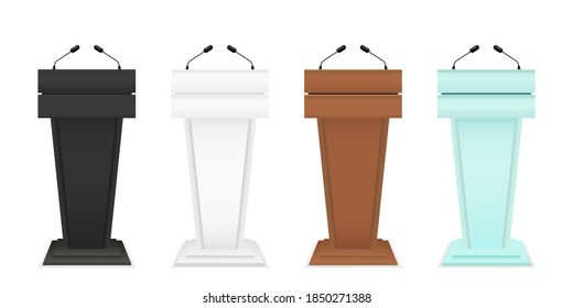 Podium for debate. Rostrum of conference. Pulpit for speech. Tribune with microphone for speaker. Glass, wooden, metal stages and stands. Pedestal for lecture, press on white background. Vector.