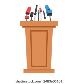 Podium for debate. Rostrum of conference. Wooden pulpit for speech. Tribune with microphone for speaker vector illustration