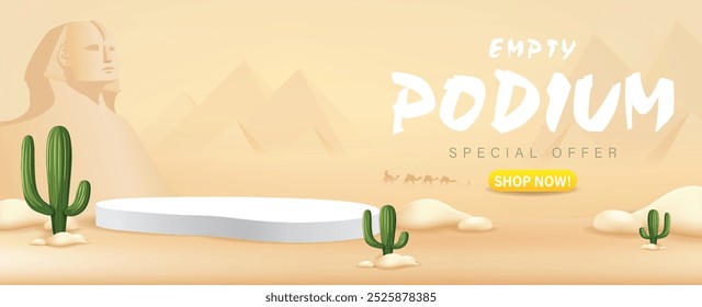 Podium verano del desierto, cactus verde, camello, pirámide, esfinge en diseño del Anuncio del desierto de la arena