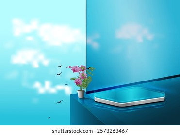 Podium Design on blue sky beside on flower top.