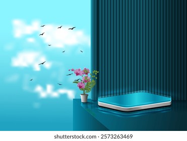 Podium Design on blue sky beside on flower top.