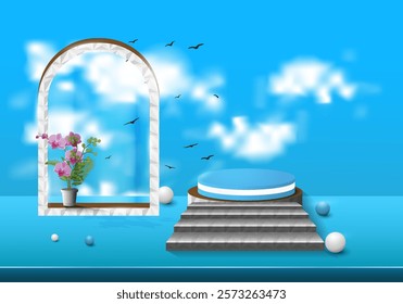 Podium Design on blue sky beside on flower top.