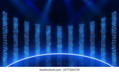 Podium with different color light  background. Stage lights rays scene background. Abstract spot light rays background. Spotlights of bright light with isolated place for stage and presentations.