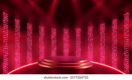 Podium with different color light  background. Stage lights rays scene background. Abstract spot light rays background. Spotlights of bright light with isolated place for stage and presentations.